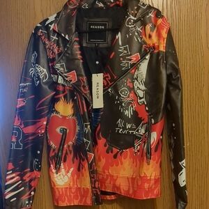 Reason Red and Black Faux Leather Jacket with Bold Graphic Design